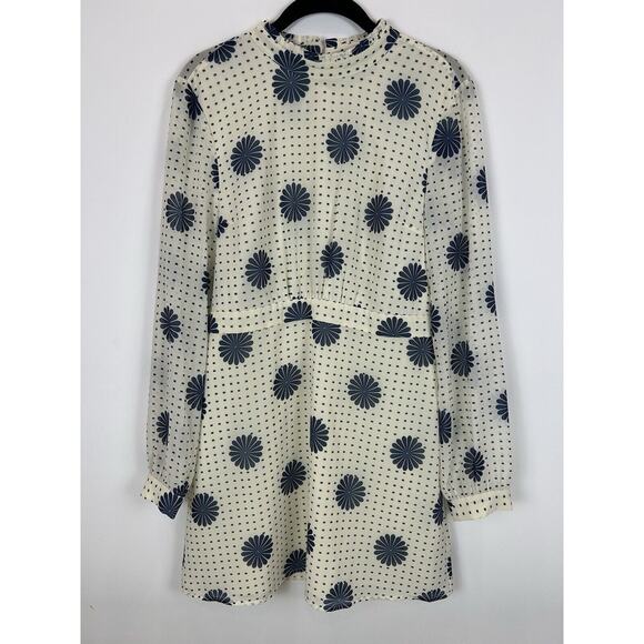 Modcloth Retro Disco Dress Mini Short Open Back Long Sleeve Size 8 Ivory Blue - Picture 3 of 13